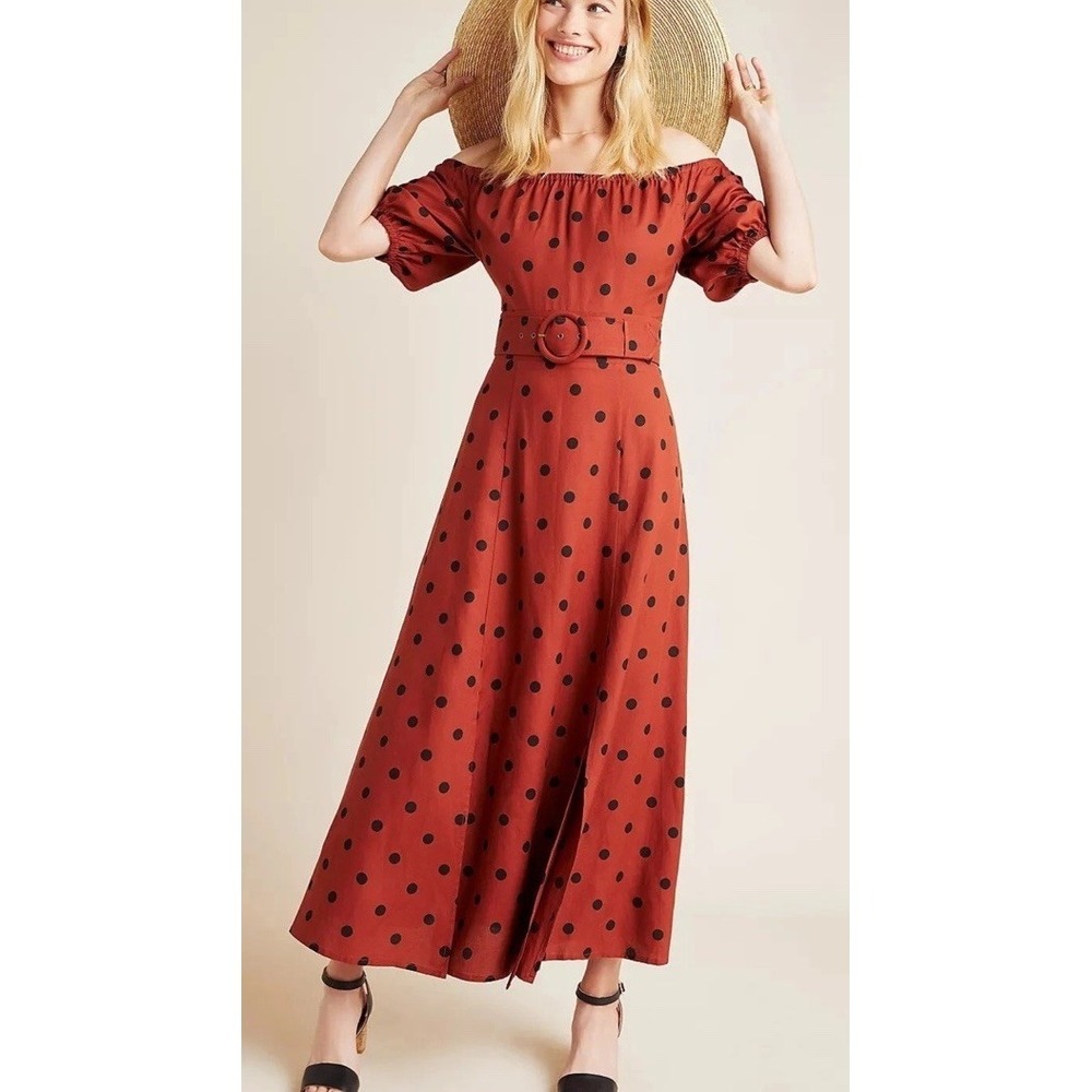 Anthropologie Maeve Lucienne‎ Off-The-Shoulder Rust Maxi Dress BlackPolka Dot 6P